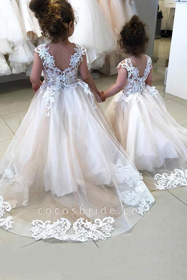 Adorable Lace Tulle Flower Girl Dresses Princess A Line Jewel Neck Appliques Long Toddler Kids Party Occasion Formal Gowns With Covered Button Back BC
