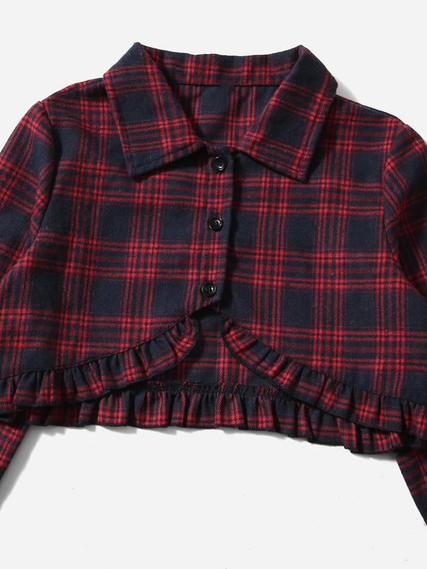 Girls Plaid Print Frill Hem Blouse & Cami Dress SHE