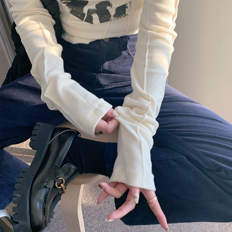 Karrram Casual Slim T-shirt For Women O Neck Long Sleeve Sexy Crop Top Grunge Letters Print Female Korean Fashion Clothing 220321