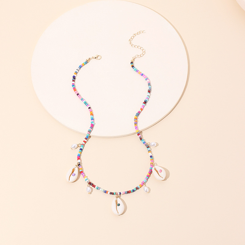 Bohemian Style Small Glass Beaded Pearl Shell Charm Necklace Summer Beach Style Jewelry