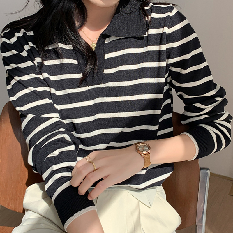 Autumn Stripe Women Tshirt Apricot Polo Collar Long Sleeve Top Casual All-match Korea Fashion Tee Shirt Femme 220321