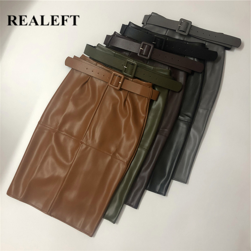 REALEFT PU Leather Wrap Midi Skirts with Belt Spring Autumn Women High Waist OL Style Pencil Back Split Female 220317