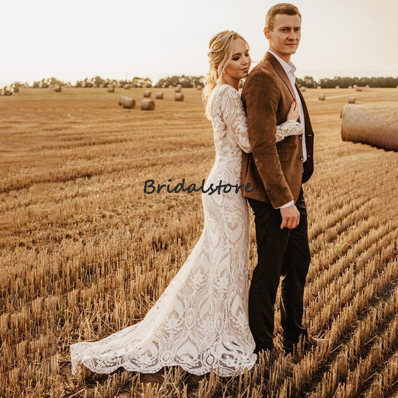 Romantic Lace Boho Wedding Dress 2022 Elegant Plus Size Long Sleeve Mermaid Bohemian Bridal Dress Civil Country Bride Party Gown Vintage Robe De Soiré