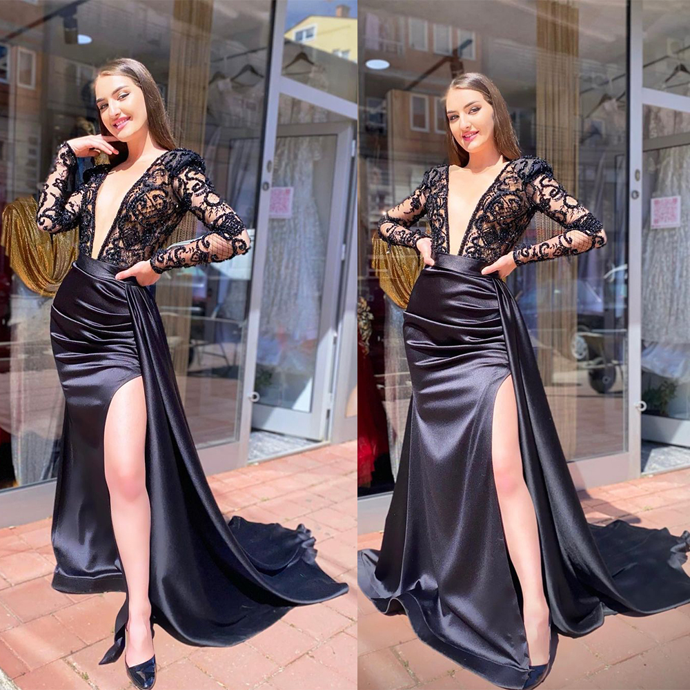 Black Prom Dresses Sequins Long Sleeve Deep V Neck Appliques Puff Sexy High Side Split Satin Chic Party Gowns Sweep Floor Length Plus Size Custom Made