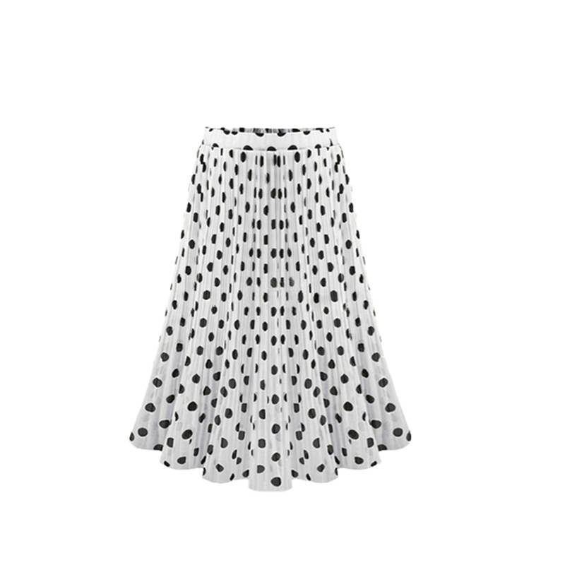 Women's Black White Tulle Polka Dot Chiffon Pleated Summer Skirts Casual Vintage Korean Midi Flared For Ladies Elastic Elegant 220322