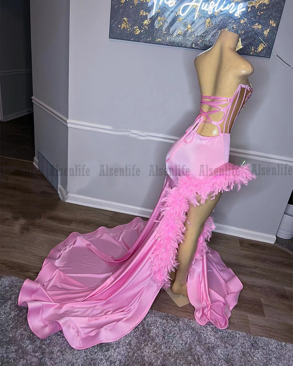 Pop Pink Appliques Mermaid Prom Dresses Sexy Backless Feathers Black Girls Evening Gowns Party Dress