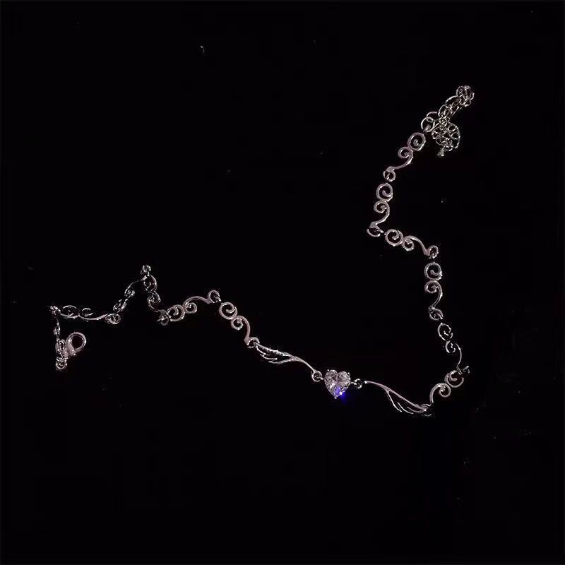Goth Egirl Aesthetic Heart Crystal Wave Wing Pendant Necklace for Women Cute Chains Grunge Choker Collar Indie Collier Jewelry