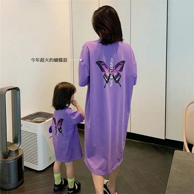 Parent child Short sleeved T shirt Skirt Mother And Women Summer Purple Dress Mom Baby 220614