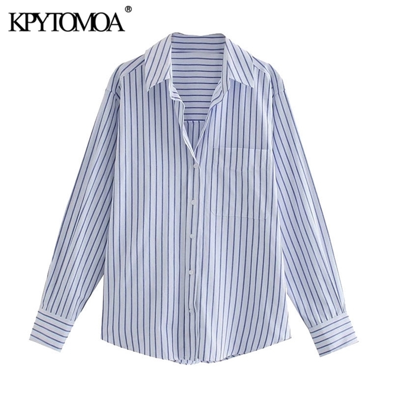 KPYTOMOA Women Fashion Office Wear Striped Loose Blouses Vintage Long Sleeve Pockets Female Shirts Chic Tops 210401