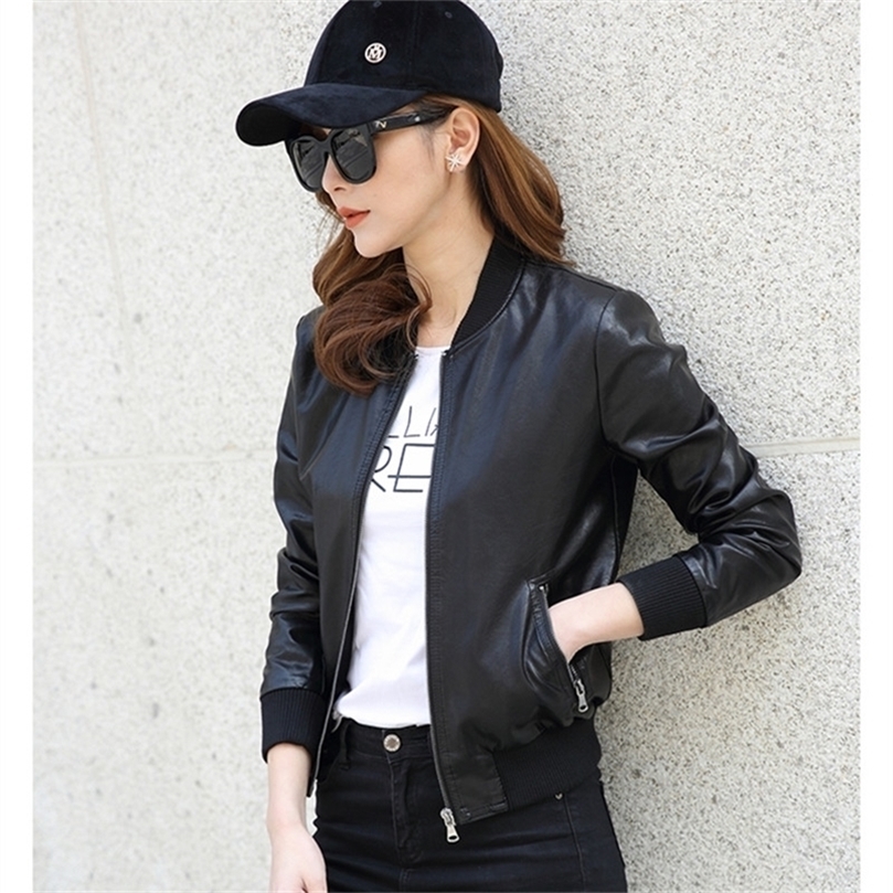 Fashion Spring Women Motorcycle Faux PU Leather Black bomber Jacket female Short student biker Coat ladies' leather jackets 201224