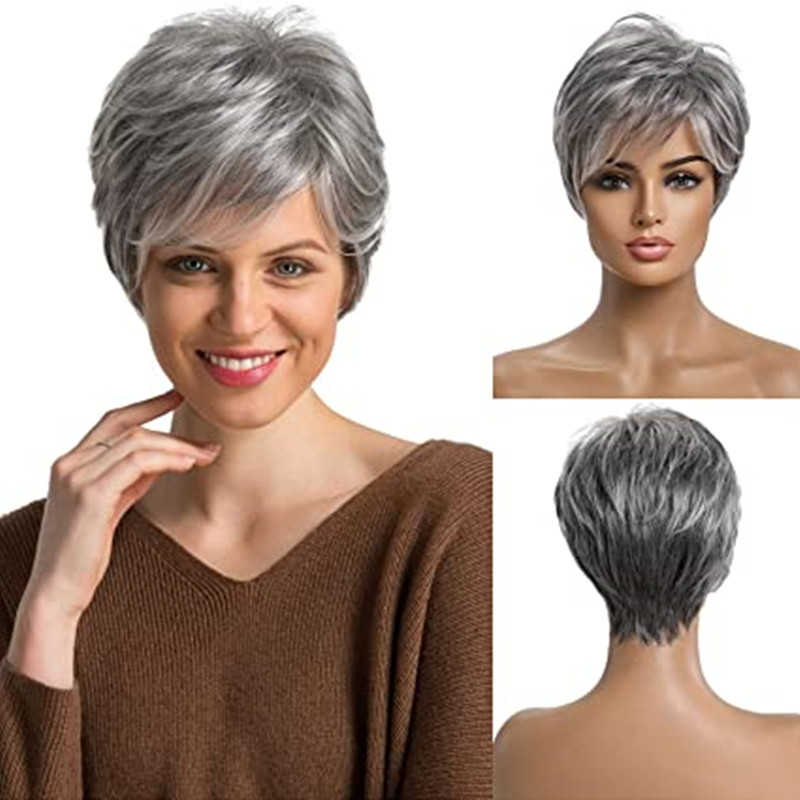Short Grey Human Hair Wigs for Women 8inch Natural Pixie Cut Wig silver gray salt and pepper machine made non lace wig 150%density
