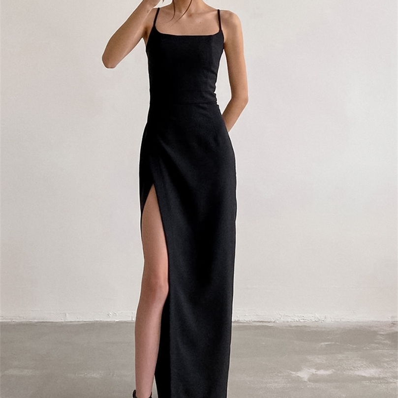 OOTN Black Sexy Slit Party Long Dress Woman Summer High Waist Maxi Dresses Female Square Neck Sleeveless Sundress Vestido 220511