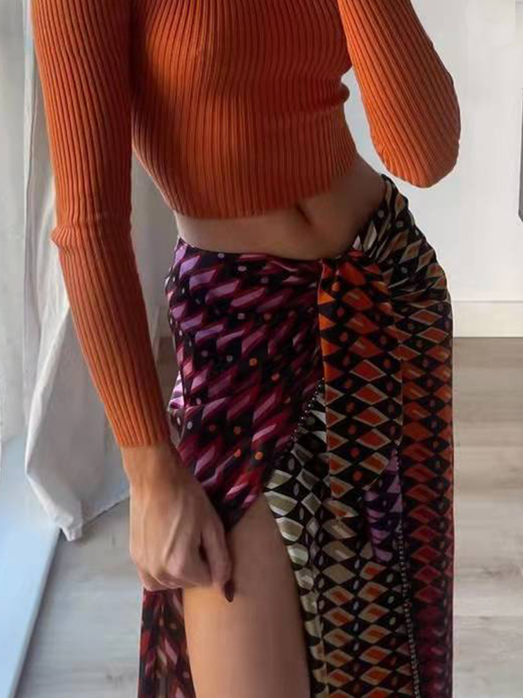 PUWD Women Knotted Embellished Print Side Slit Skirt Summer Holiday Vintage Beach Ladies Ball Skirts Bohemia Female Bottoms 220317