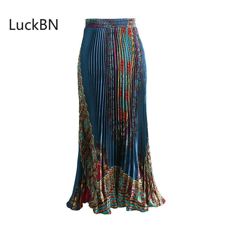 Vintage Cartoon Print Christmas Skirts Pleated Thin Silk Big Swing Umbrella Party Bright Satin High Waist Long Women 220317