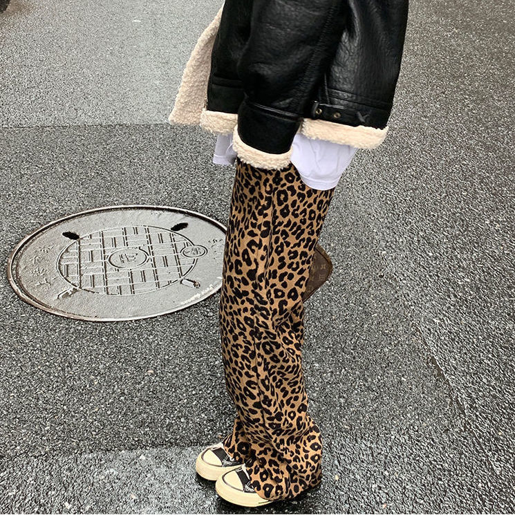 Korean leopard print wide leg pants high waist straight tube casual loose thin mop fashion sweat 220325