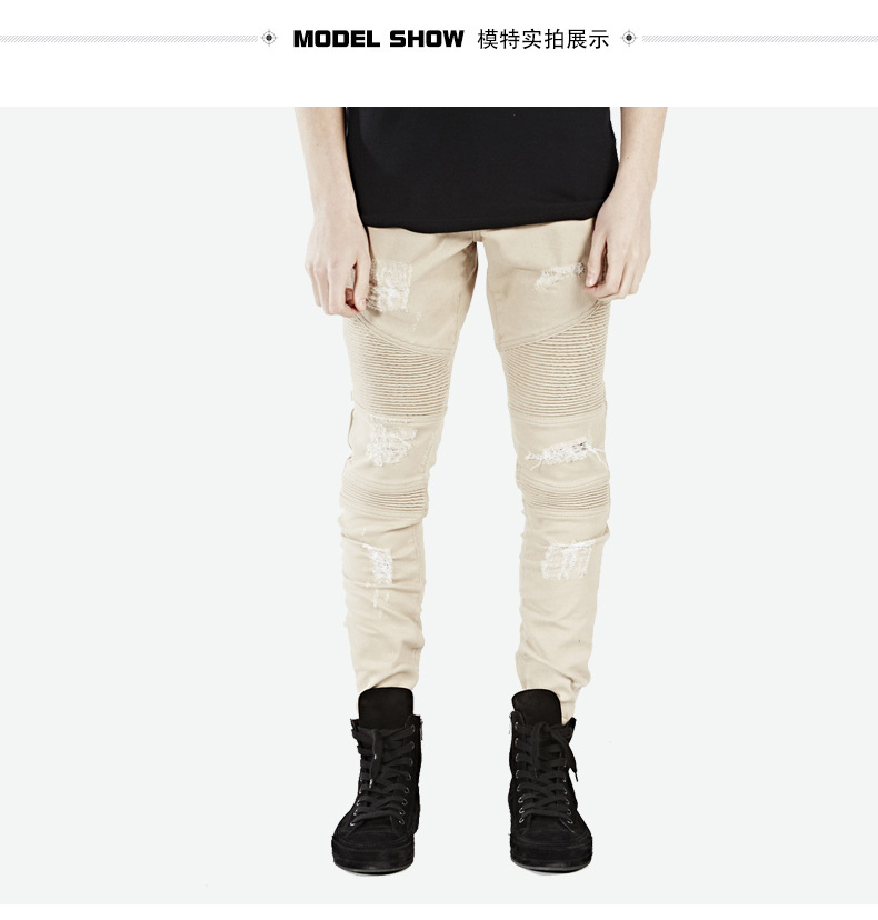 Wholesale- Hot Hip Hop Hole Ripped Jeans Men Fashion Pleated Runway Distressed Biker Boy Blue/Black Motorcycle Trousers Bottoms 28-40