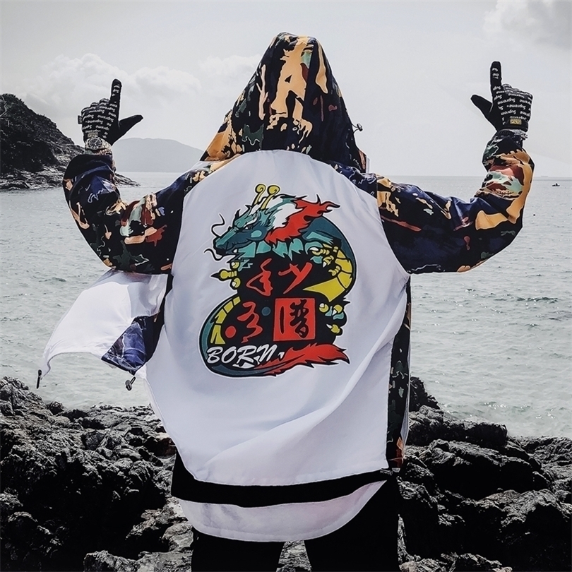 Dragon Bomber Jacket Men Outwear Streetwear Hip Hop Baseball Jacket Hooded Thin Windbreaker Jackets Fashion Patchwork Clothes T200117