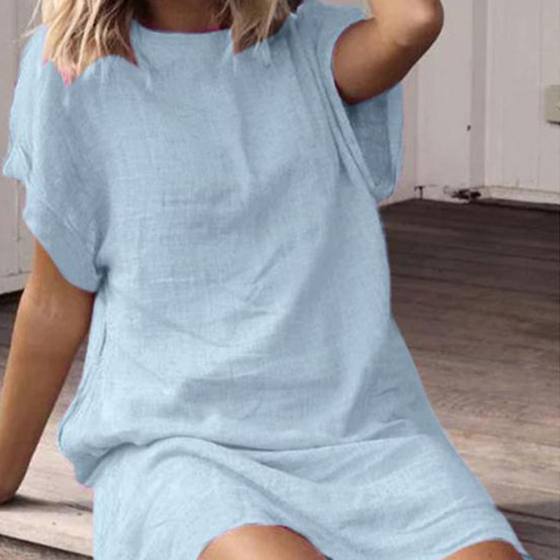 S 5XL 9Colors Loose O neck Short Dress Plus Size Causal Woman Summer Linen Blending Party Beach Club Travel Shopping Wear 220613