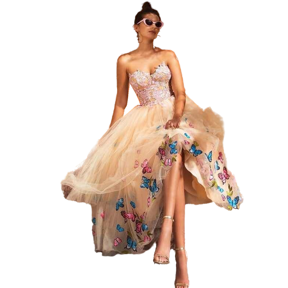 Modern Chic Embroidery Butterfly A Line Prom Dresses Pink Lace Tea Length Girls Evening Gowns 2022 Strapless Corset Celebrity Cocktail Party Dress Hom
