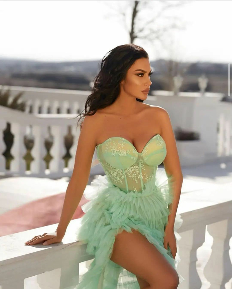Mint Green Fancy Celebrity Evening Dresses Tiered Tulle Pleats Prom Dresses Sweetheart Side High Split Party Women Formal Pageant Gowns