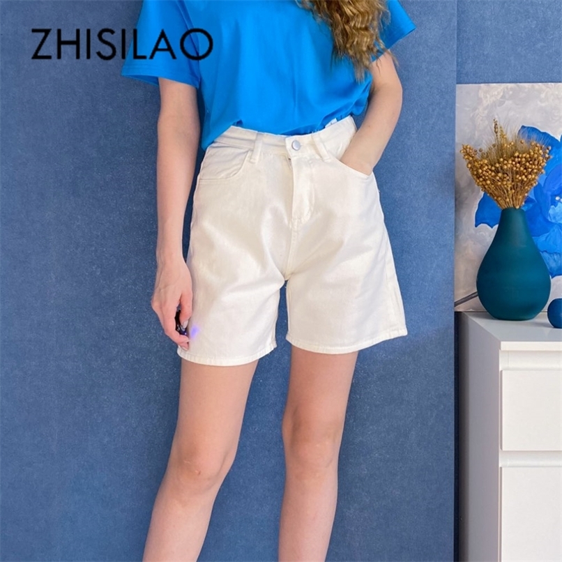 ZHISILAO Solid Knee length Denim Shorts Women Summer Vintage Boyfriend High Waist Wide Leg Jeans Streetwear 220630