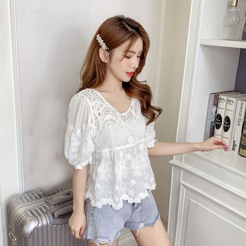 

Women's Blouses & Shirts Women Summer Embroidery Puff Half Sleeve Hollow Out Crochet Knit Splicing V-Neck Blouse Casual Loose Pleated Flare, Apricot