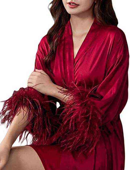 Nxy Sexy Underwear 3xl Vrouwen Struisvogel Haar Mouw Satijnen Kimono Bruid Gewaad Nachtkleding Roze Gewaden Pyjama Badjas Nachtjapon Bruids Kamerjas 0