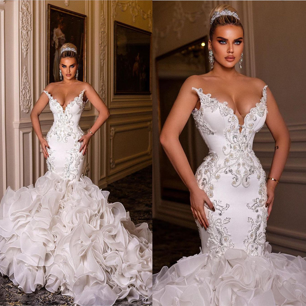 Vintage Luxurious Wedding Dresses Crystals Pearls Bridal Gown Custom Made Sweetheart Layered Ruffles Beaded Robes De Mariée