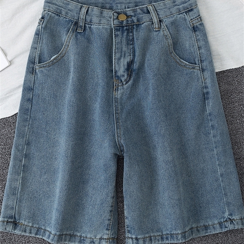 Fi Summer Women High Waist Blue Wide Leg Denim Shorts Casual Female Solid Streetwear Stright Jeans Bermuda Shorts 220611