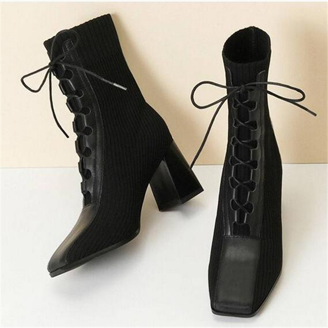 New Fashion Women Martin boots Stitching Knitted Elastic Stockings Boots High-heeled Short Boot Square Toe Women's Shoes