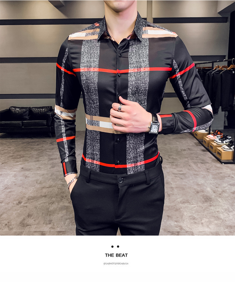 Business Casual Plaid Shirt Men's Formal Workwear Wedding Dress Slim Social Party Clothes Khaki Checked Shirt
