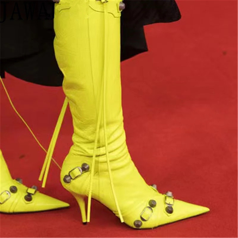 Metal Rivets Punk Style Knee High Boots Women Runway Designer Shoes Sexy Pointed toe Strappy Shhoes Long Boots Mujer, White
Metal Rivets Punk Style Knee High Boots Women Runway Designer Shoes Sexy Pointed toe Strappy Shhoes Long Boots Mujer, White
