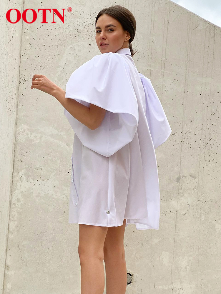 OOTN Oversized Chic Party Shirt Dress Women Petal Sleeve A-Line Lapel Pure Cotton Summer Mini Dress Loose Office Elegant Dress 220511