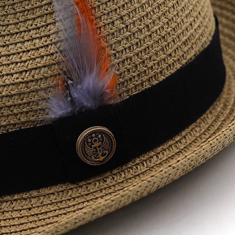 ummer Parentchild Beach Female Caual Panama Jazz Men gentleman 5.5cm brim Feather band traw cap boy un Hat 220613