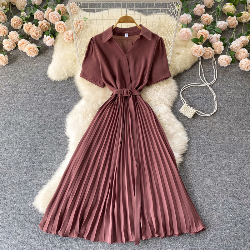 Summer Vintage Women Pleated Dress Red/Pink/Brown Turn-Down Collar Short Sleeve High Waist Casual Draped A-Line Vestido New 2022 ggg, Same as picture 
Summer Vintage Women Pleated Dress Red/Pink/Brown Turn-Down Collar Short Sleeve High Waist Casual Draped A-Line Vestido New 2022 ggg, Same as picture