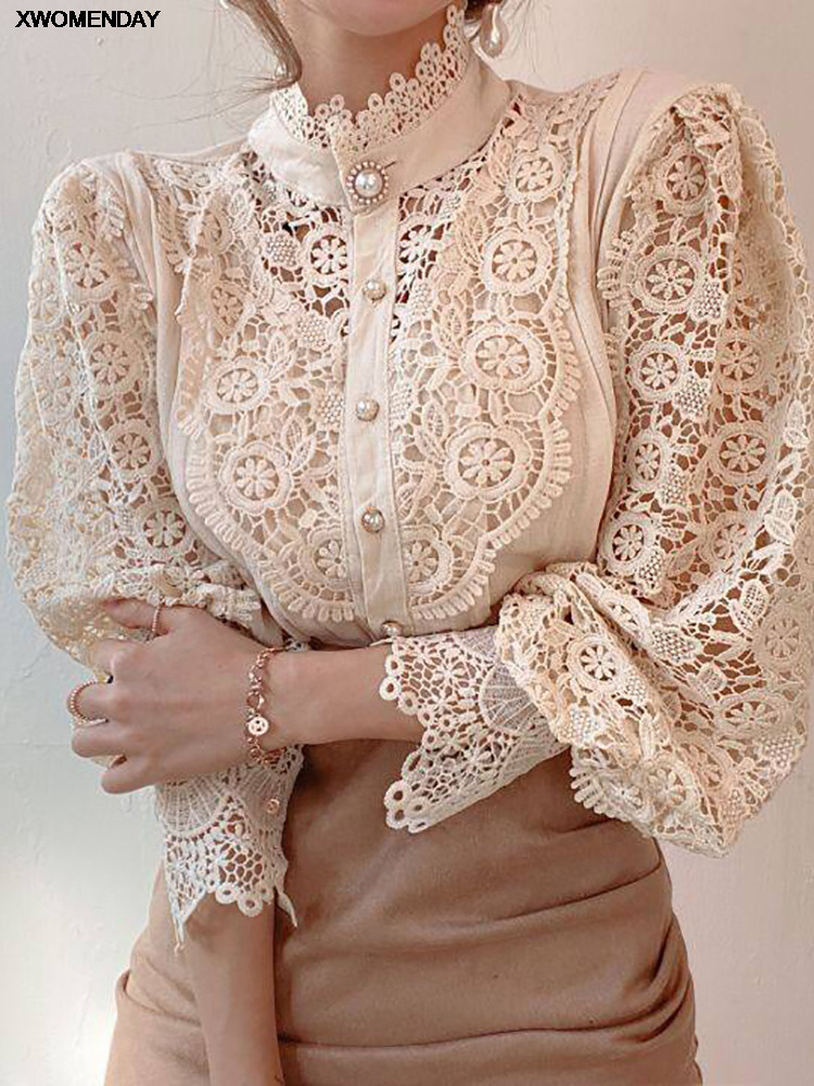 Women Chiffon Button Turtleneck Shirt Chic Elegant Floral Lace Fluffy Long Sleeve Top Fashion Hollow Oversize White Blouse 220407