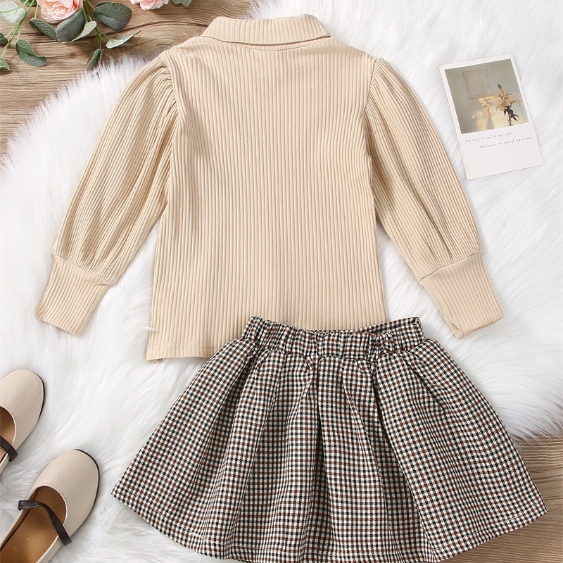 Girls Rib-knit High Neck Tee & Plaid Pleated Skirt SHE
