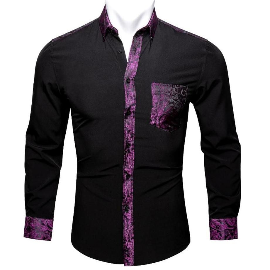 

Men' Dress Shirts Barry.Wang Black Solid Purple Floral Splicing Shirt Man Long Sleeve Casual Soft For Men Designer Fit BCY-02587, Cy-0305