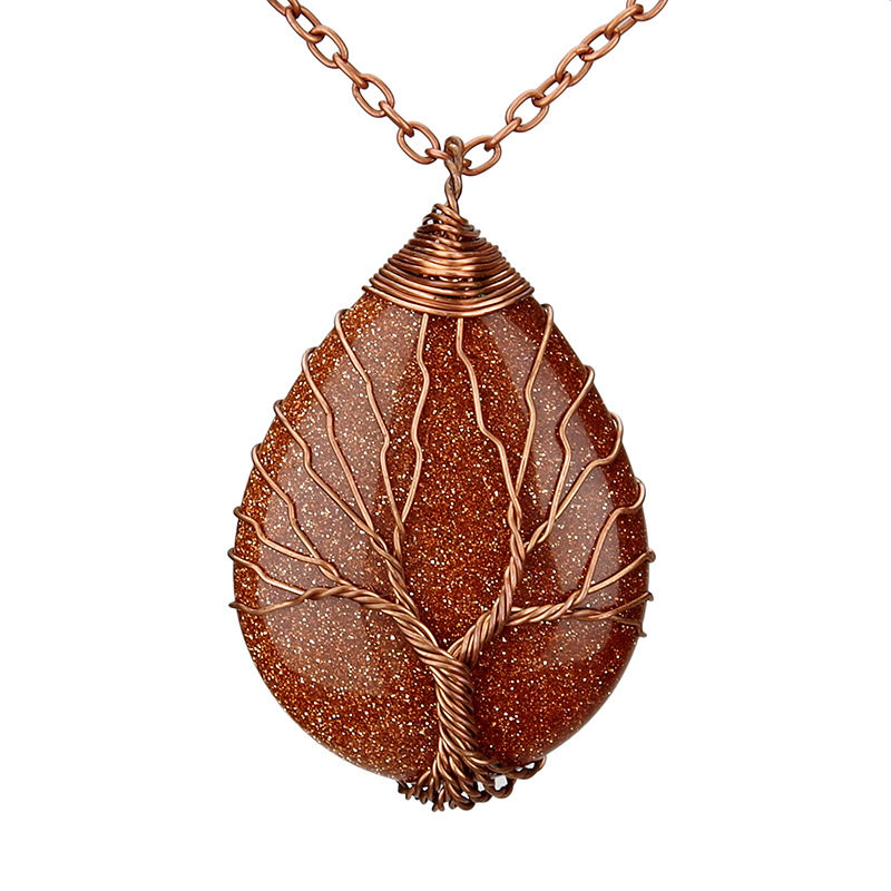 Antique Brass Wire Wrapped Tree of Life Natural Crystals Agate Pendant Necklace Healing Stone Necklaces