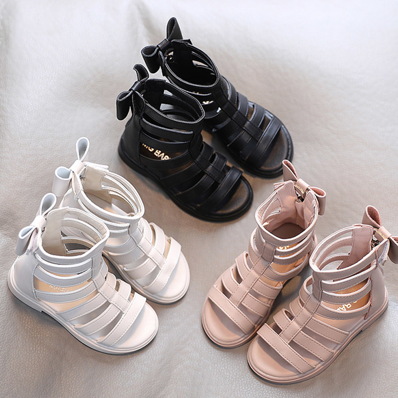 Girls Sandals Summer Kids Gladiator Sandals Boots Back Bow Roma Shoes Narrow Band Princess Shoes For Child Baby Black Begie 220621