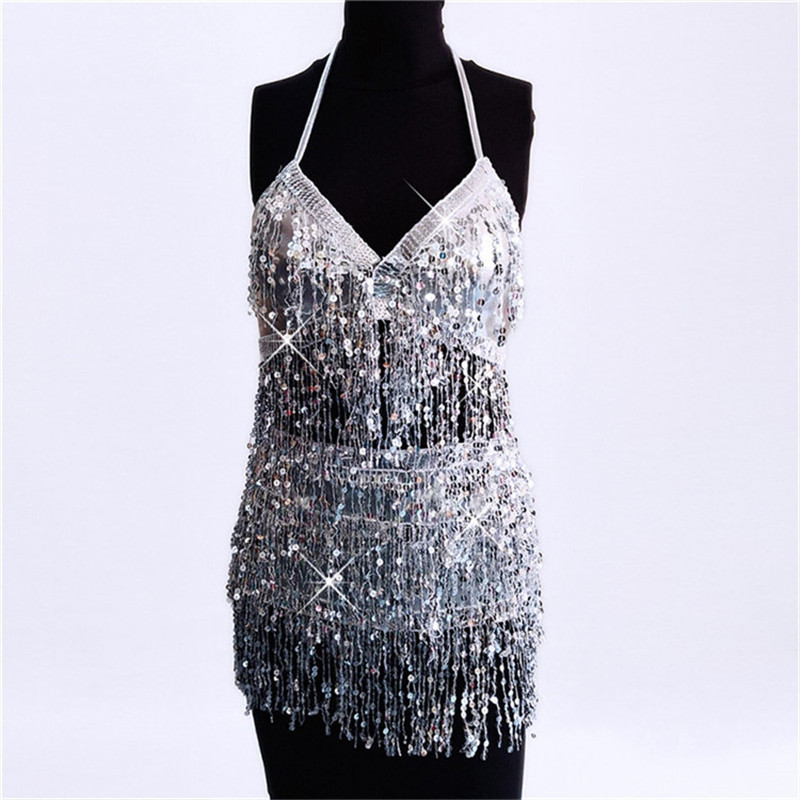 Women Belly Dance Bra Top Halter Bling V-Neck Backless Lace-up Sequin Fringe Crop Party Clubwear Beach Rave Festival 220316