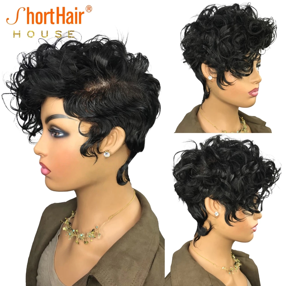 Short Curly Human Hair Wigs For Girls Pixie Cut None Lace Front Wig For Black Women Pre plucked Full Machine Made