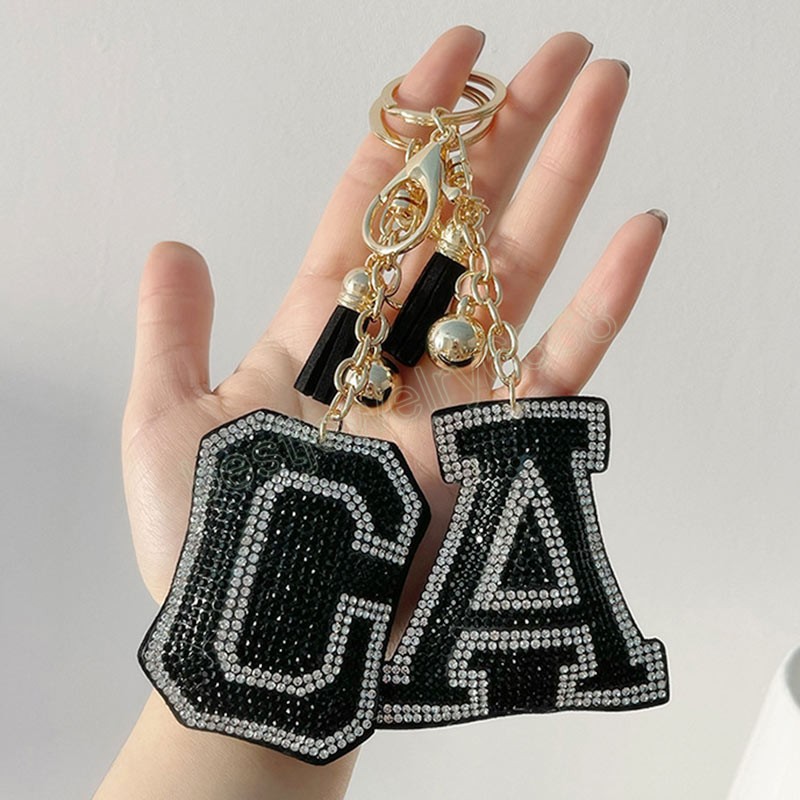 Women Keychain Alphabet Letter Rhinestone Leather Gold Color Keyring Charm Key Chain Accessories Female Car Bag Keyring Holder