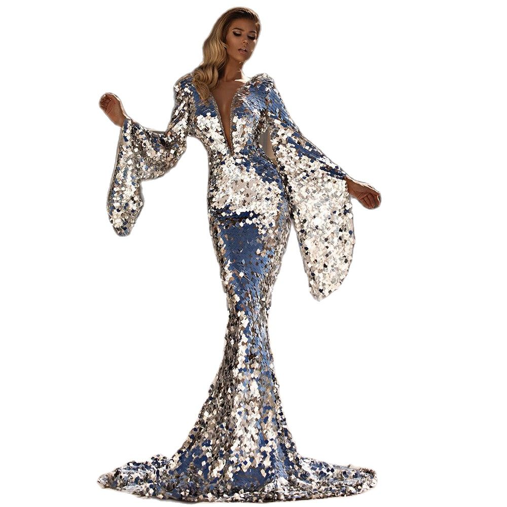 Fashion Silver Mermaid Evening Dresses Sequined Long Sleeves Party Gowns Deep V Neck African Women Formal Robe De Soriee