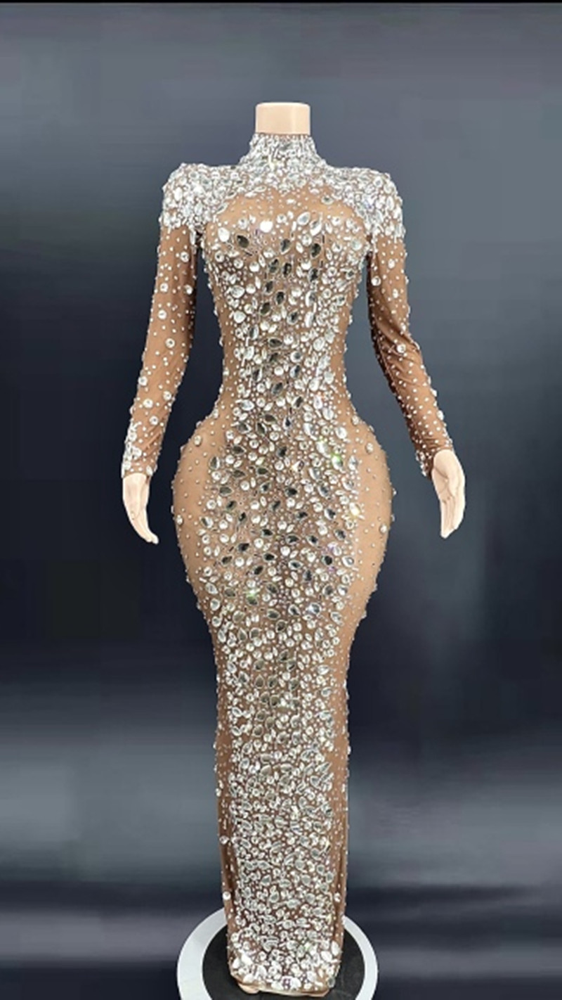Sparkly Big Rhinestone Prom Dresses with feather Transparent Long Sleeve Birthday Celebrate Luxurious Costume Dancer Flashing evening gown