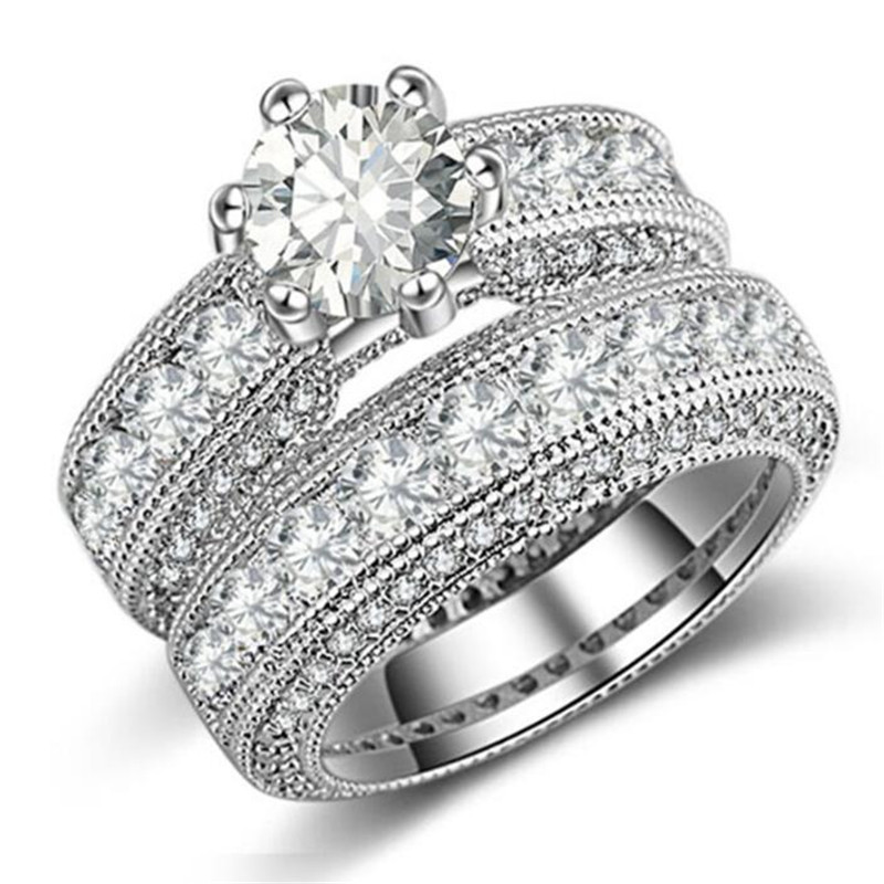 Sterg Sier Vintage Wedding Rings Set for Women, Round Cut White Topaz Cubic Zirconia Eternity Stackable Bridal Jewelry Gift