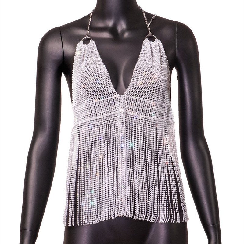 Sexy Backless Solid Camisole Sleeveless Deep V Neck Vest Glitter Tassel Hollow Out Mesh Nightclub Party Tops Female 220325