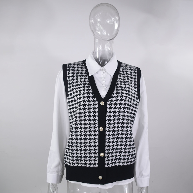 Wool Vest Cardigans Woman Autumn Winter Houndstooth Casual Black Sleeveless Sweater Women Loose Knitted Fashion Jumper 220325