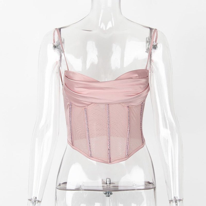 Karlofe Night Club Party Clothes For Women Underwire Padded Bustier Vest Camis Diamonds Satin Mesh Corset Sexy Crop Tops 220325