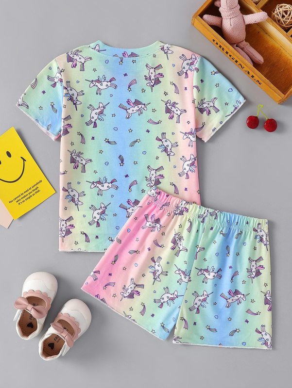 Toddler Girls Ombre Unicorn Print Tee & Bow Front Shorts SHE
